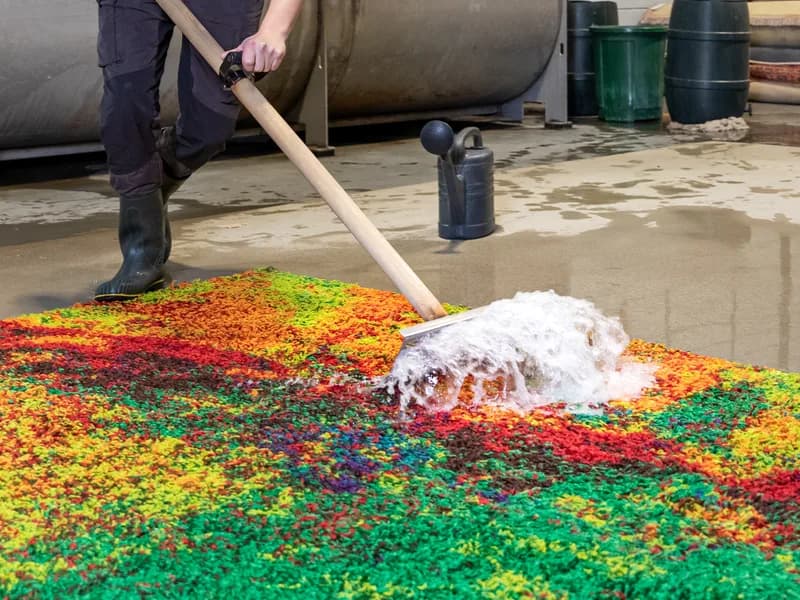 Medewerker scrubbt berber vloerkleed met traditionele technieken
