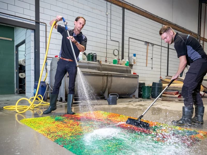 Team reinigt handgeknoopt vloerkleed met vakkundige technieken