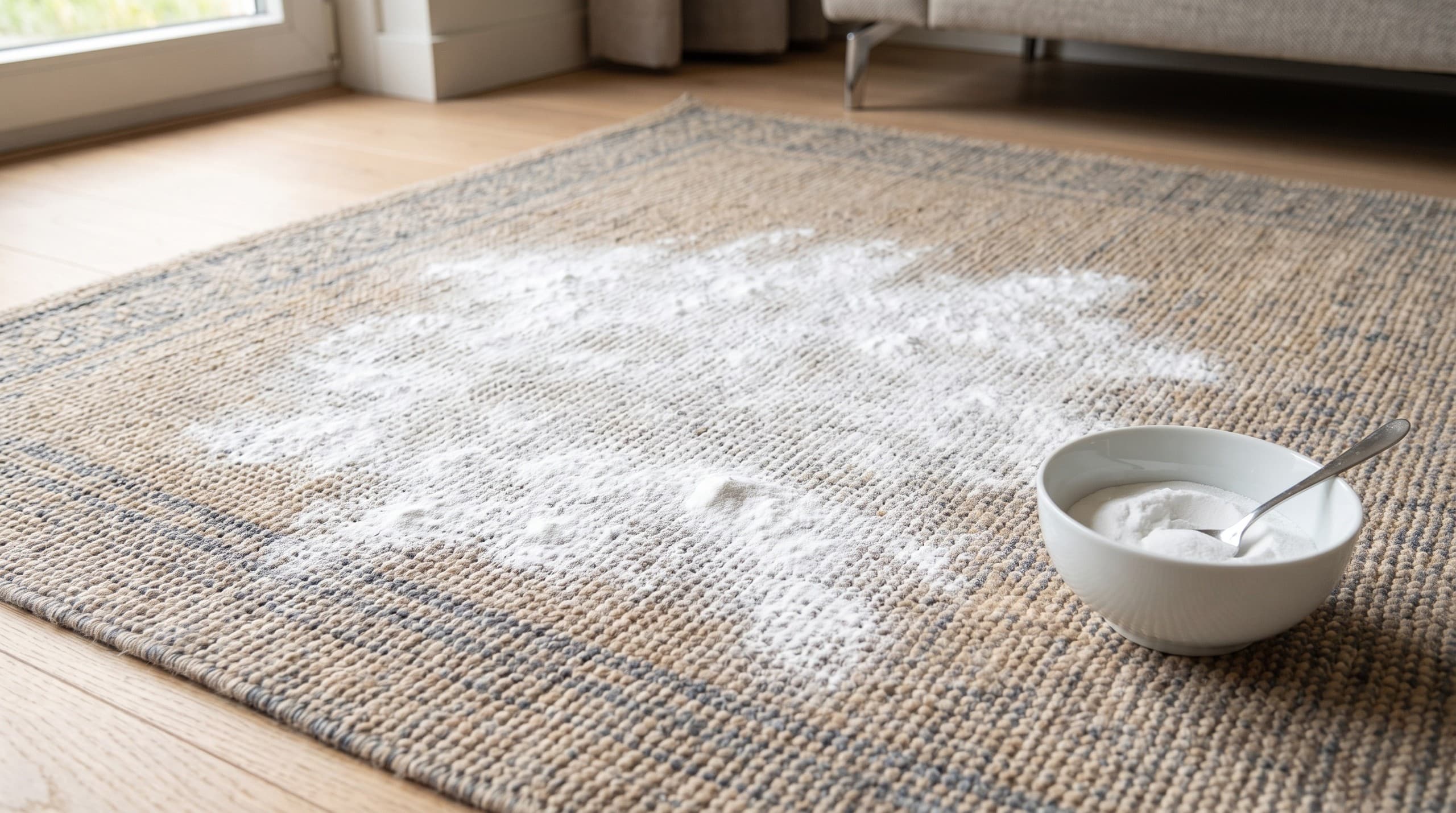 Wit poeder gestrooid over een grofgeweven beige vloerkleed met grijsblauwe randen op een lichte houten vloer, met rechts een witte kom poeder en een lepel