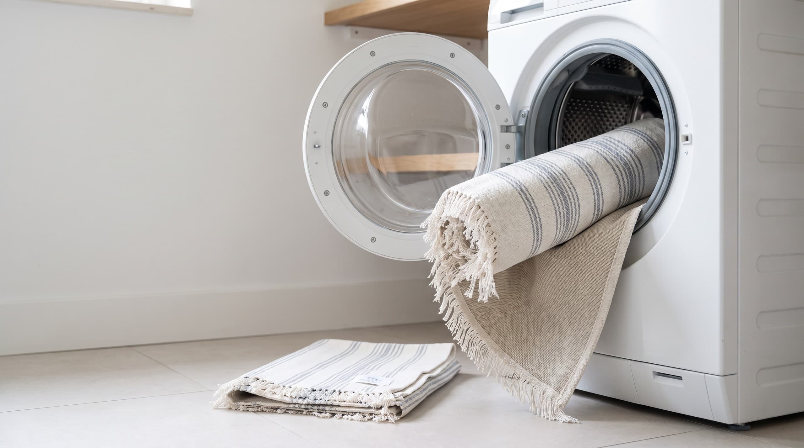Klein gestreept katoenachtig vloerkleed opgerold half in de open trommel van een witte wasmachine, met de textielrug zichtbaar over de deurrand